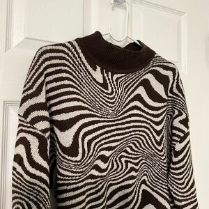 Brown and White Cowl Neck Sweater with Dynamic Pattern